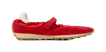 Women's red Mary Jane sneakers with side strap detail and tan rubber sole
