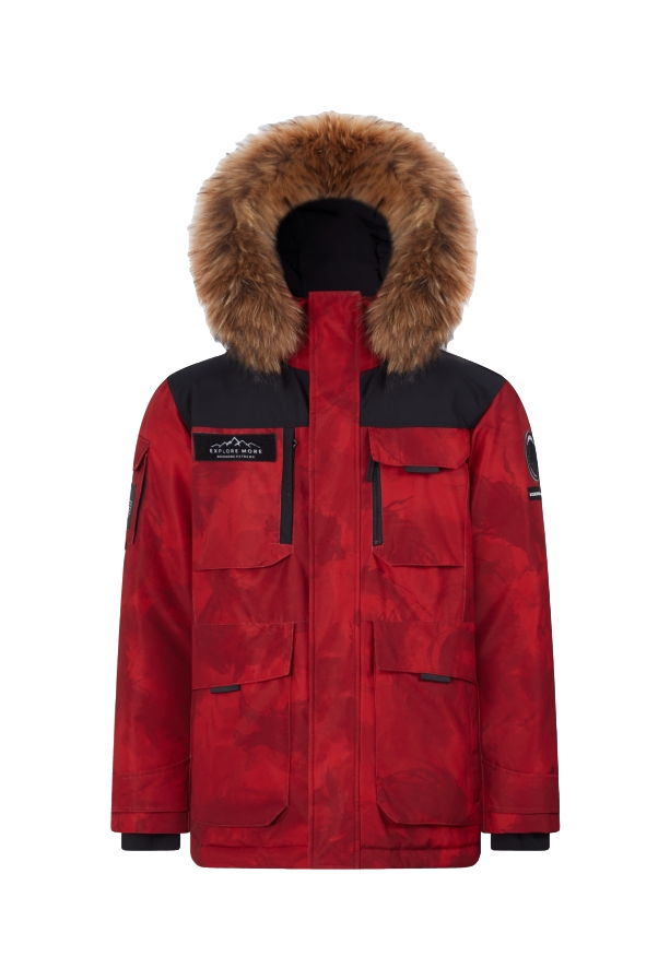Red winter down jacket with faux-fur hood and zip front, with flap chest pockets