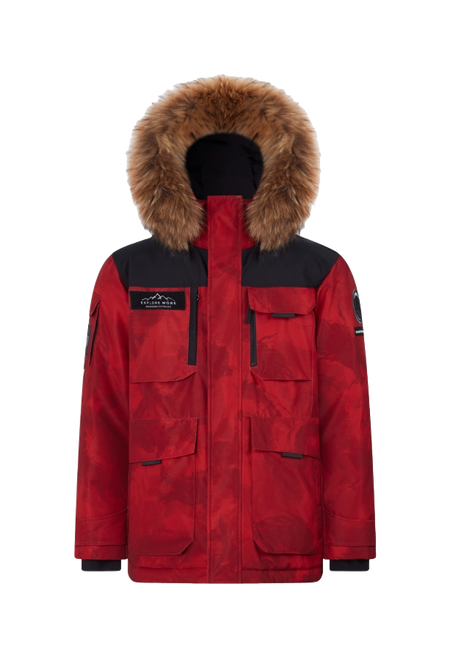 Red winter down jacket with faux-fur hood and zip front, with flap chest pockets
