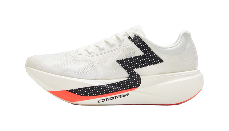 Unisex low running shoe, white knit upper with black panel and orange midsole