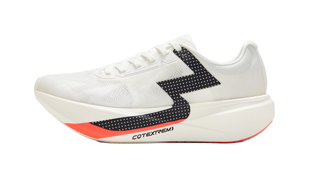 Unisex low running shoe, white knit upper with black panel and orange midsole
