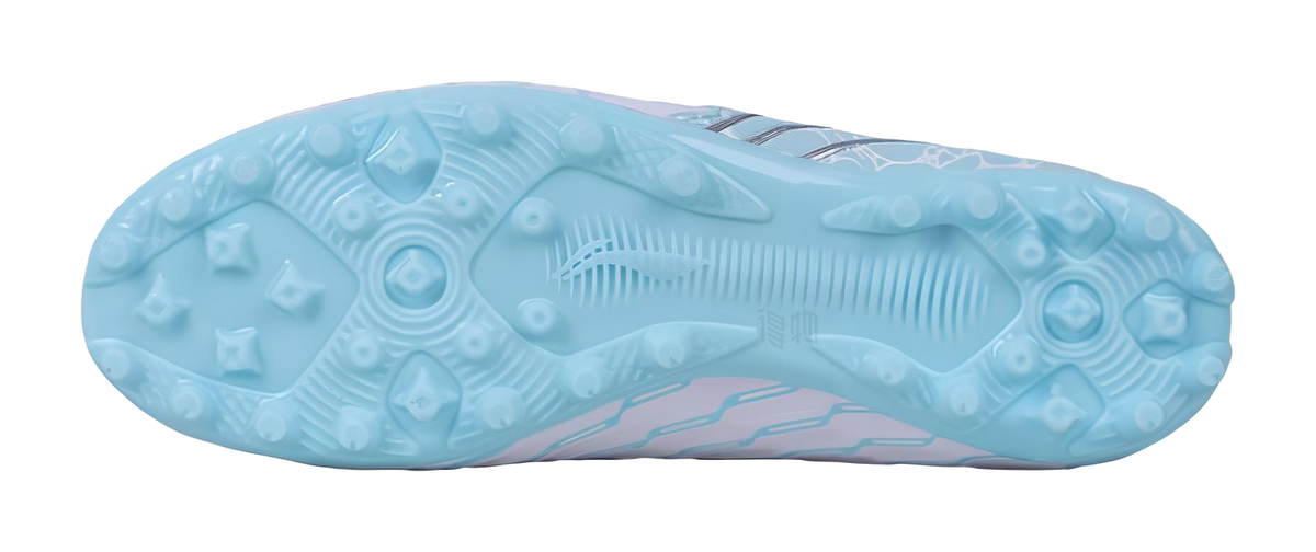 Multi-ground soccer cleat outsole, light-blue studded rubber with molded pattern