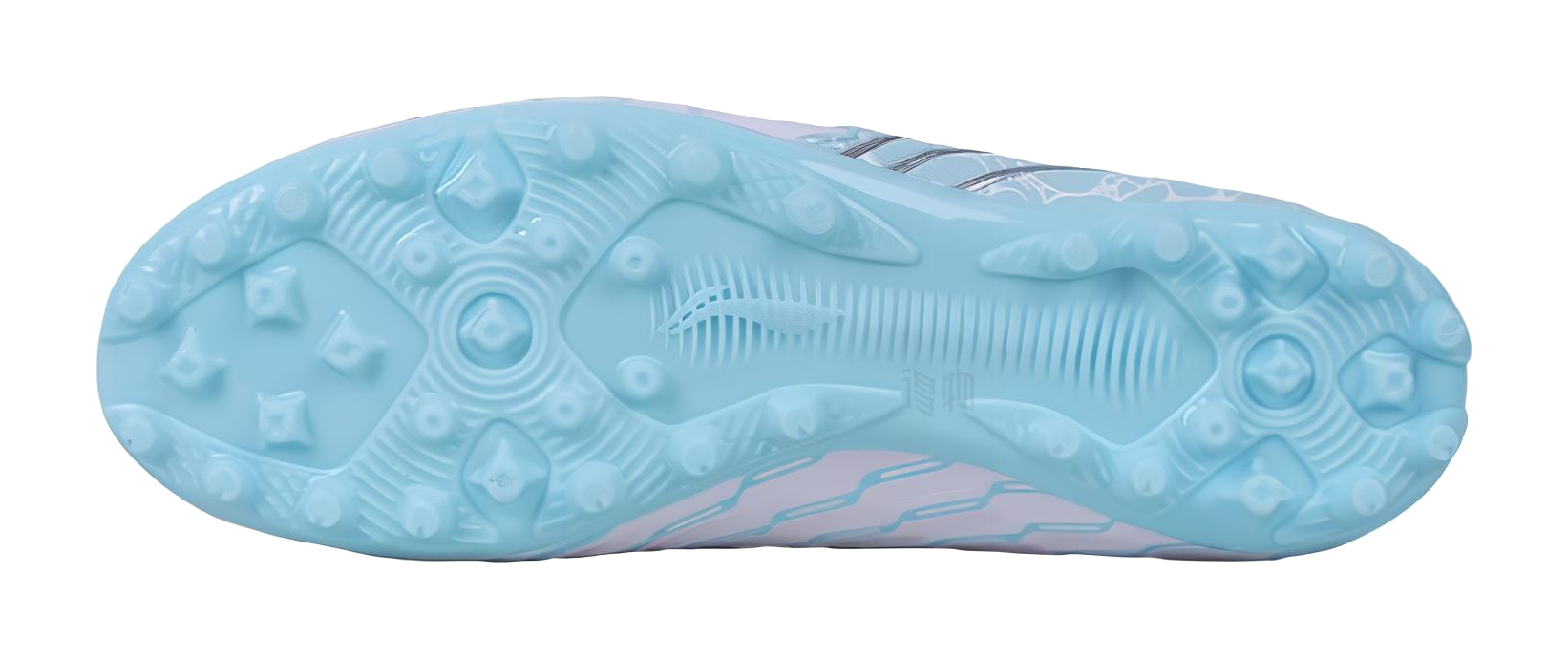 Multi-ground soccer cleat outsole, light-blue studded rubber with molded pattern