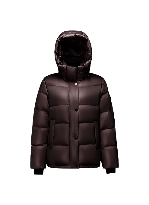 Dark brown hooded puffer winter down jacket with button-front and quilted baffles