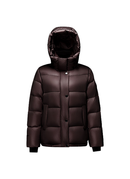 Dark brown hooded puffer winter down jacket with button-front and quilted baffles