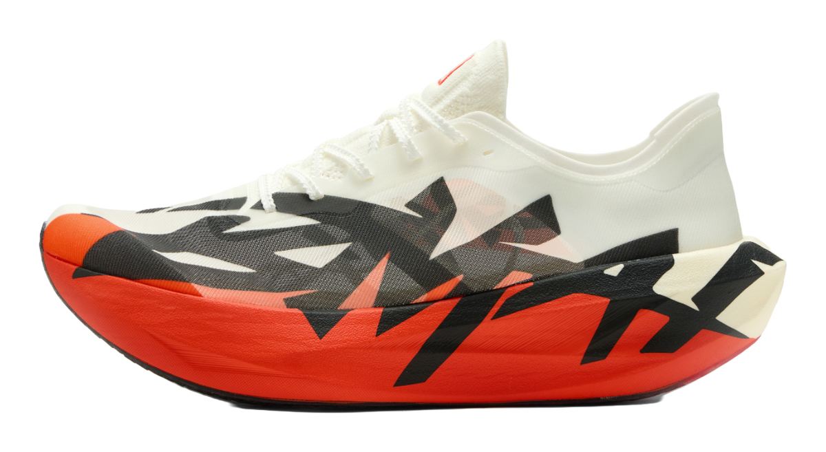Men's low-top running shoes, red and white upper with black camo pattern, lace-up