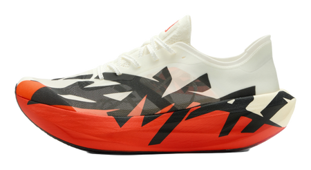 Men's low-top running shoes, red and white upper with black camo pattern, lace-up