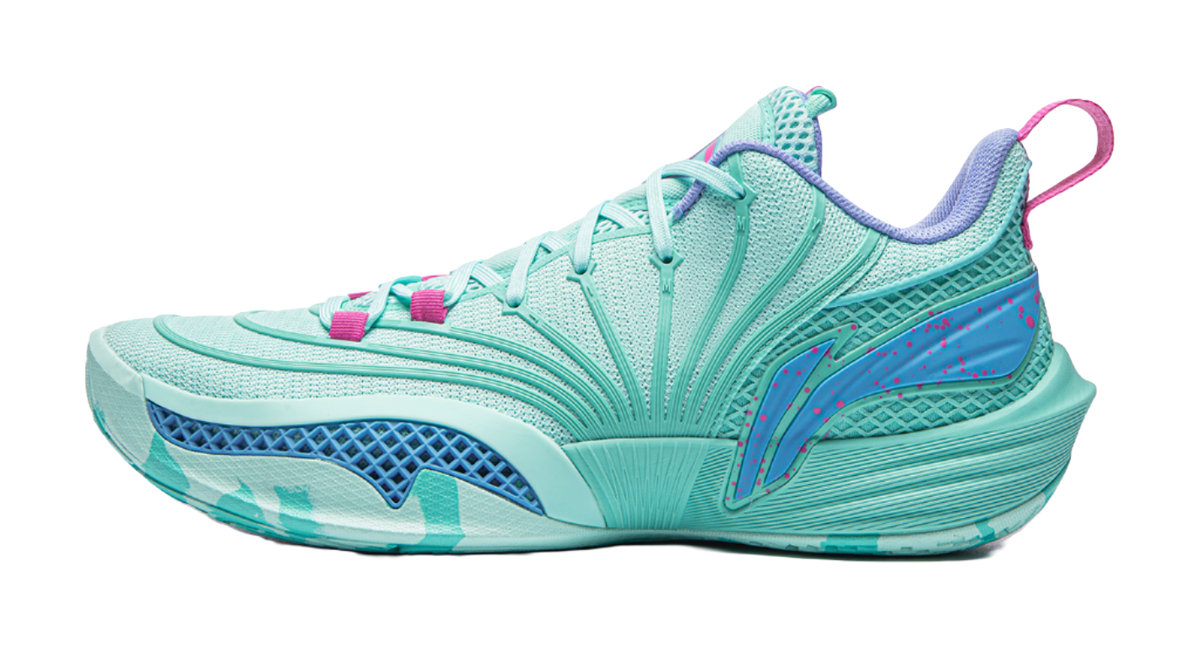 Turquoise basketball shoe with padded collar, mesh upper, pink laces and side logo