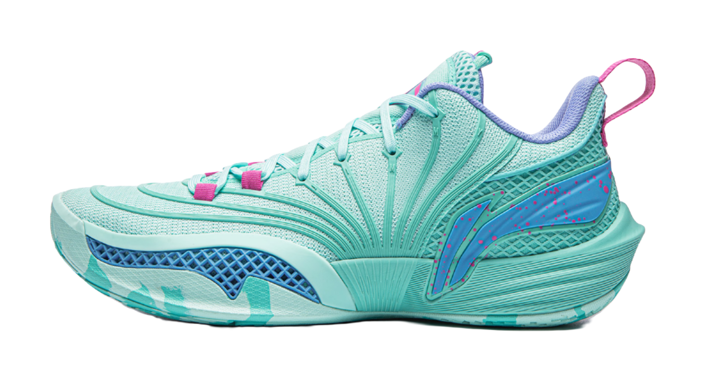 Turquoise basketball shoe with padded collar, mesh upper, pink laces and side logo