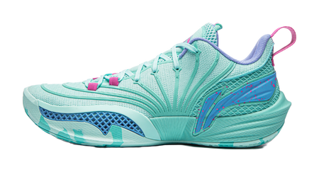 Turquoise basketball shoe with padded collar, mesh upper, pink laces and side logo