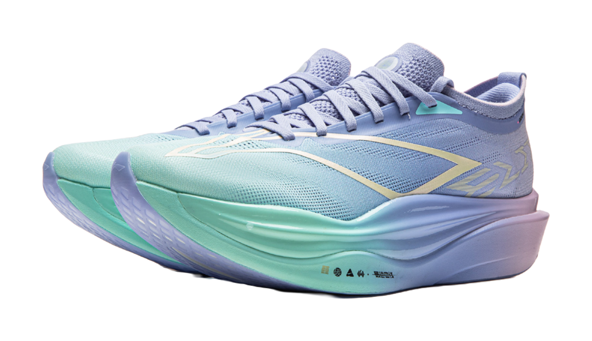 Unisex running shoe front 3/4 view, light blue upper with mint forefoot and purple sole