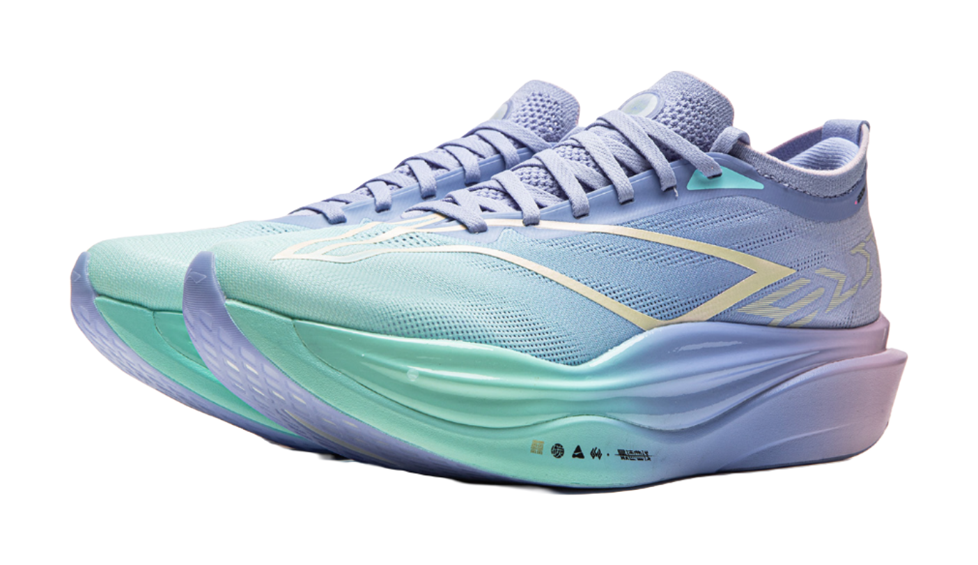 Unisex running shoe front 3/4 view, light blue upper with mint forefoot and purple sole