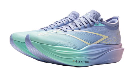 Unisex running shoe front 3/4 view, light blue upper with mint forefoot and purple sole