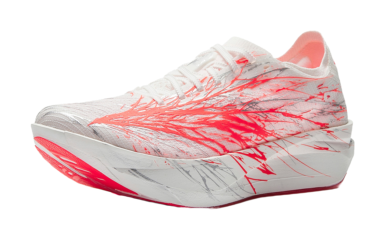 Anta women’s running shoe in white with red graphic lines and thick sidewall sole