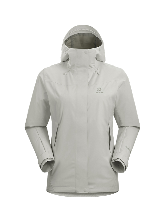 Women's hooded windbreaker jacket in light gray, front zipper, adjustable hem