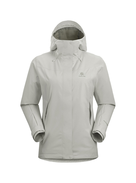 Women's hooded windbreaker jacket in light gray, front zipper, adjustable hem