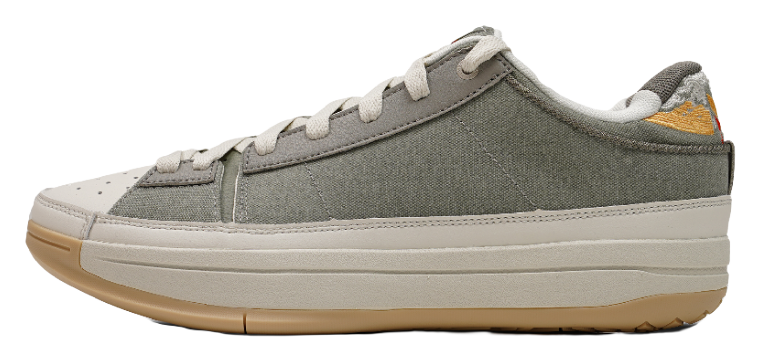 Unisex basketball shoes in olive fabric with white laces and gum rubber sole