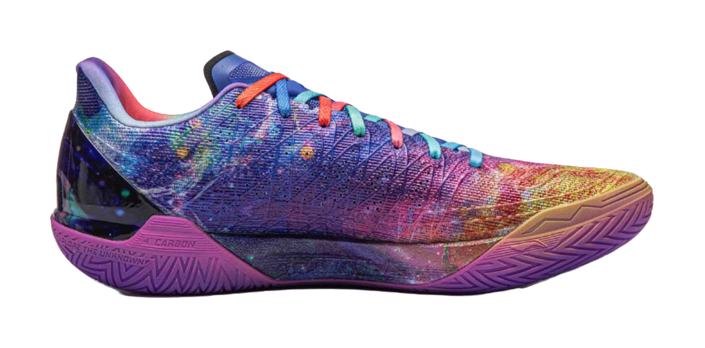 Multicolor basketball shoe with blue laces, purple outsole tread and heel