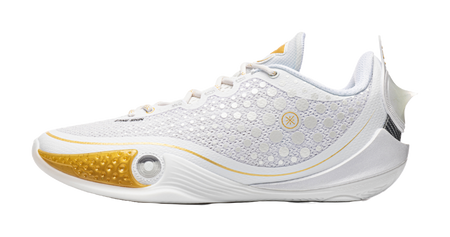 Low basketball shoe with white mesh upper and gold heel accent, lace-up front