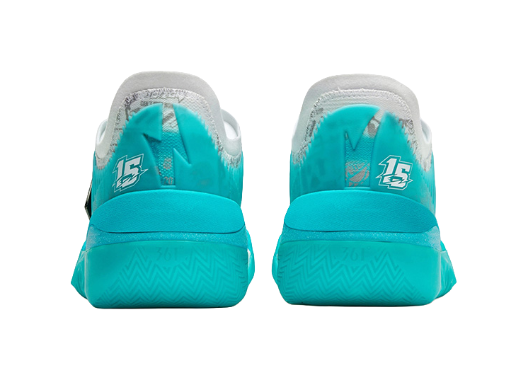 Back view of turquoise basketball shoes with gray padded collar and heel tab