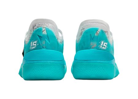 Back view of turquoise basketball shoes with gray padded collar and heel tab