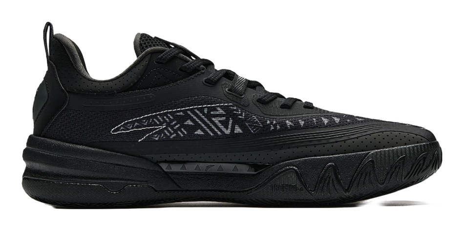 Black and gray basketball shoe with lace-up front, perforated panels, chunky sole
