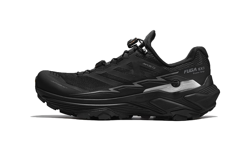 Black lace-up trail running shoe with grippy outsole and side panel logos