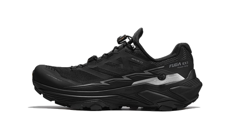 Black lace-up trail running shoe with grippy outsole and side panel logos
