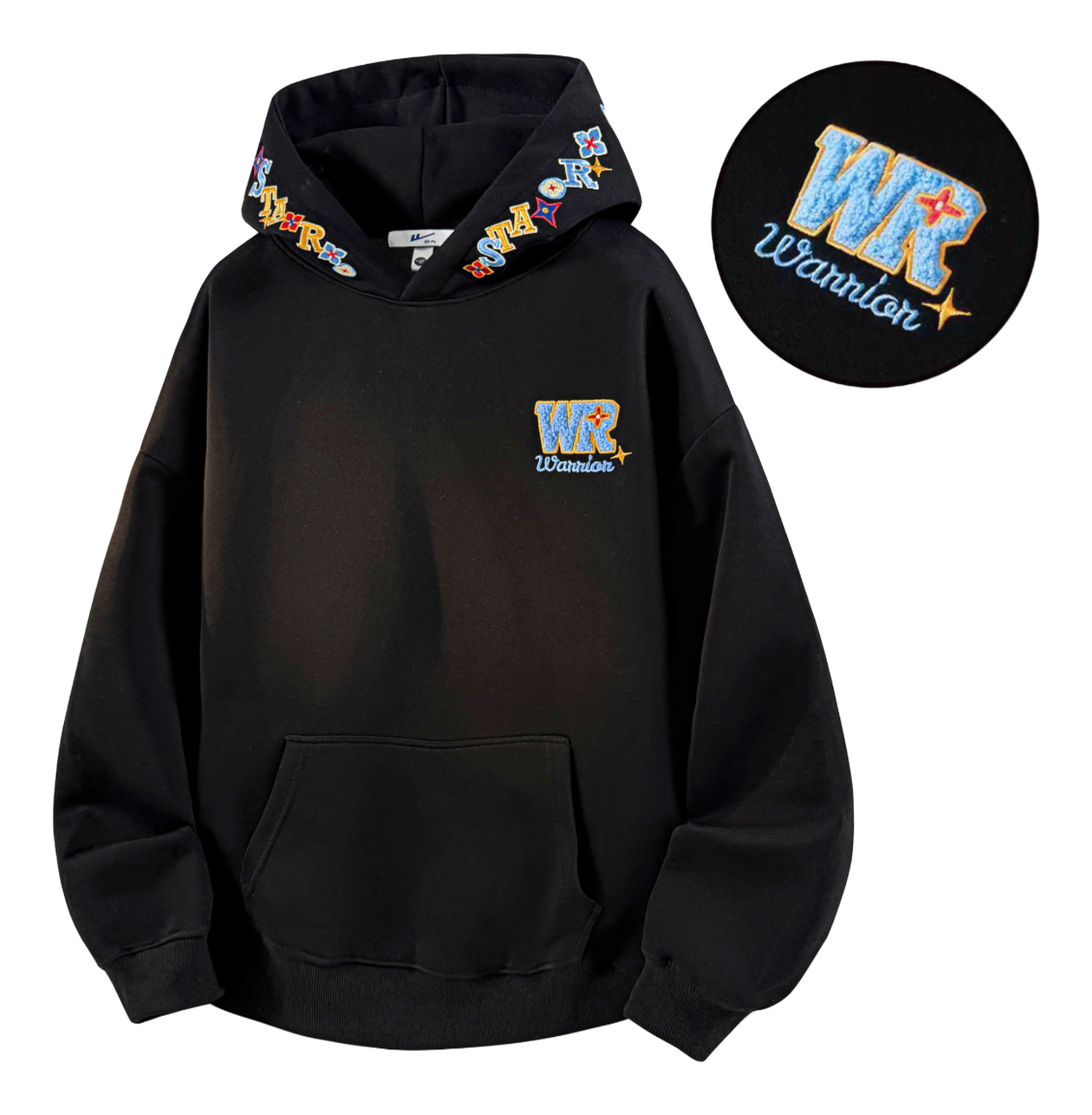 Warrior Warrior American Basic Retro Fun Embroidered Letter Logo Loose Casual Trend Versatile Windproof College Style Sports Couple Hooded Long Sleeve Thick Velvet Hoodie for Men and Women  vjsneaker.com