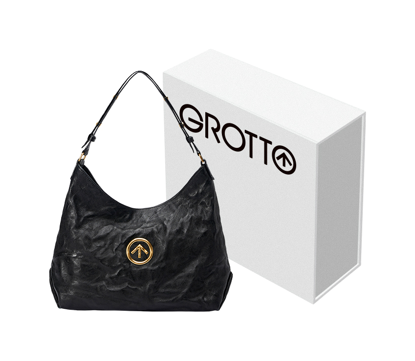 GROTTO black pleated sheepskin hobo bag with logo patch and adjustable strap