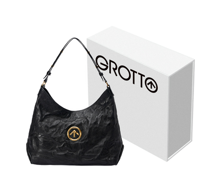 GROTTO black pleated sheepskin hobo bag with logo patch and adjustable strap