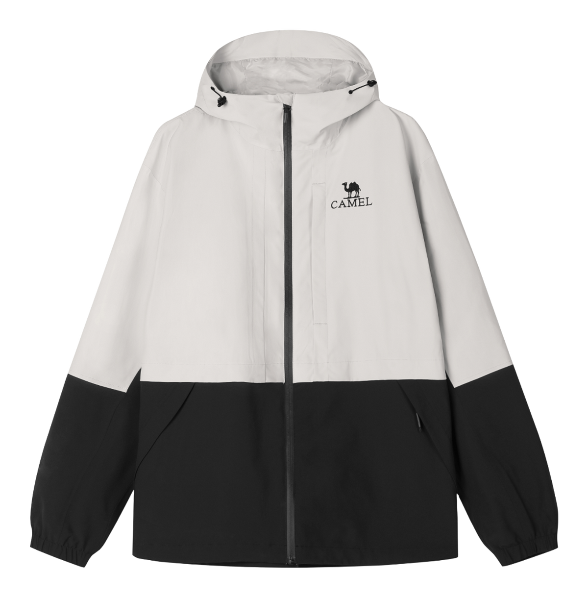 Men's colorblock windbreaker jacket with hood, full-zip front, and side pockets