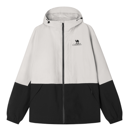 Men's colorblock windbreaker jacket with hood, full-zip front, and side pockets