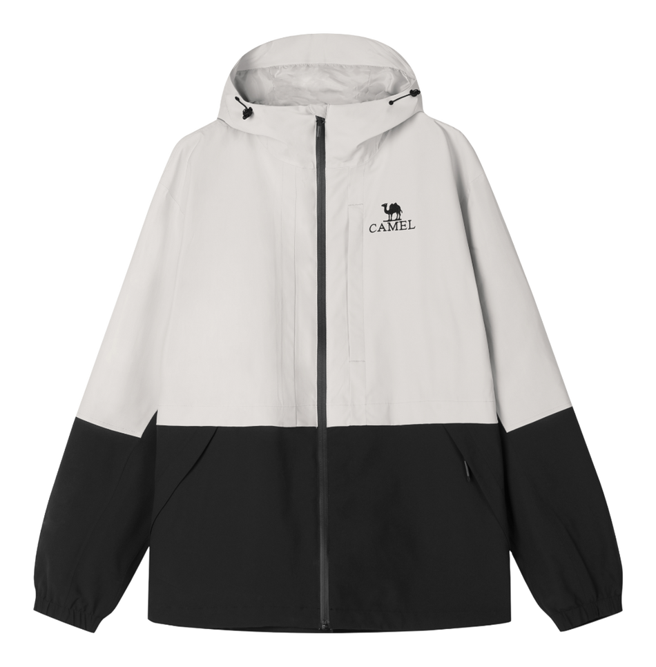 Men's colorblock windbreaker jacket with hood, full-zip front, and side pockets