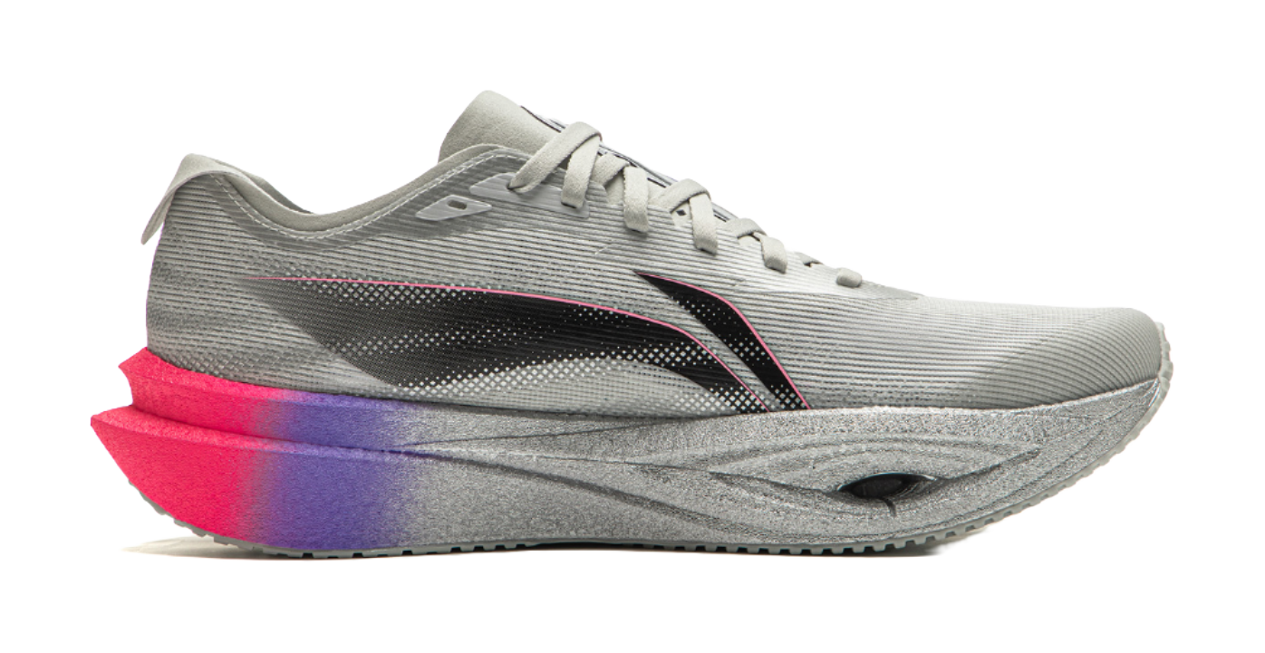 Li Ning running shoes, light gray knit with black stripe, pink-purple midsole accent