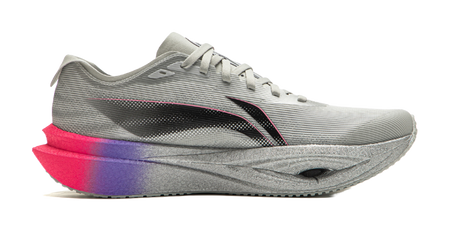 Li Ning running shoes, light gray knit with black stripe, pink-purple midsole accent