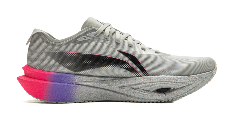 Li Ning running shoes, light gray knit with black stripe, pink-purple midsole accent
