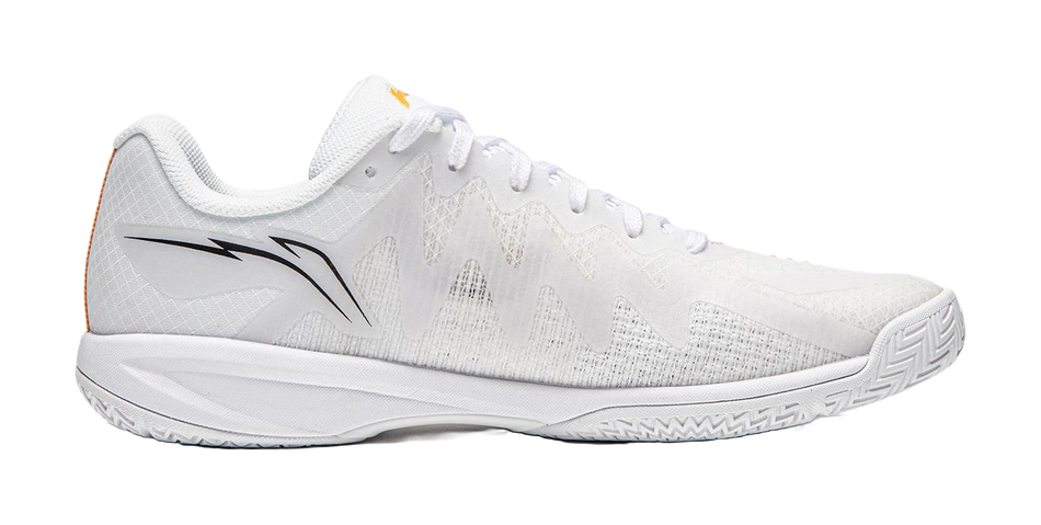 White unisex table tennis shoe with lace-up mesh upper and side logo