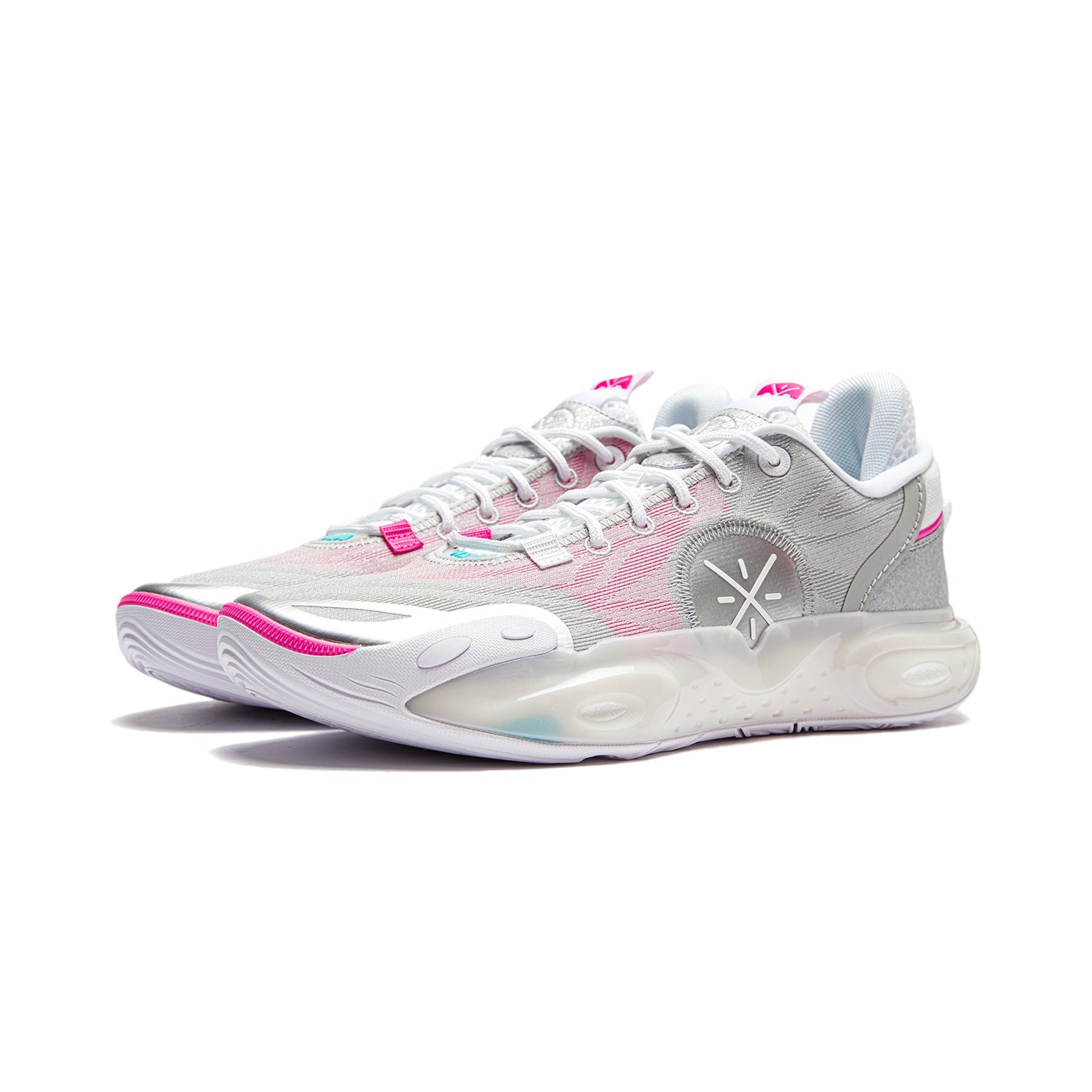 Basketball shoes in silver-gray with pink and teal highlights, lace-up, chunky midsole