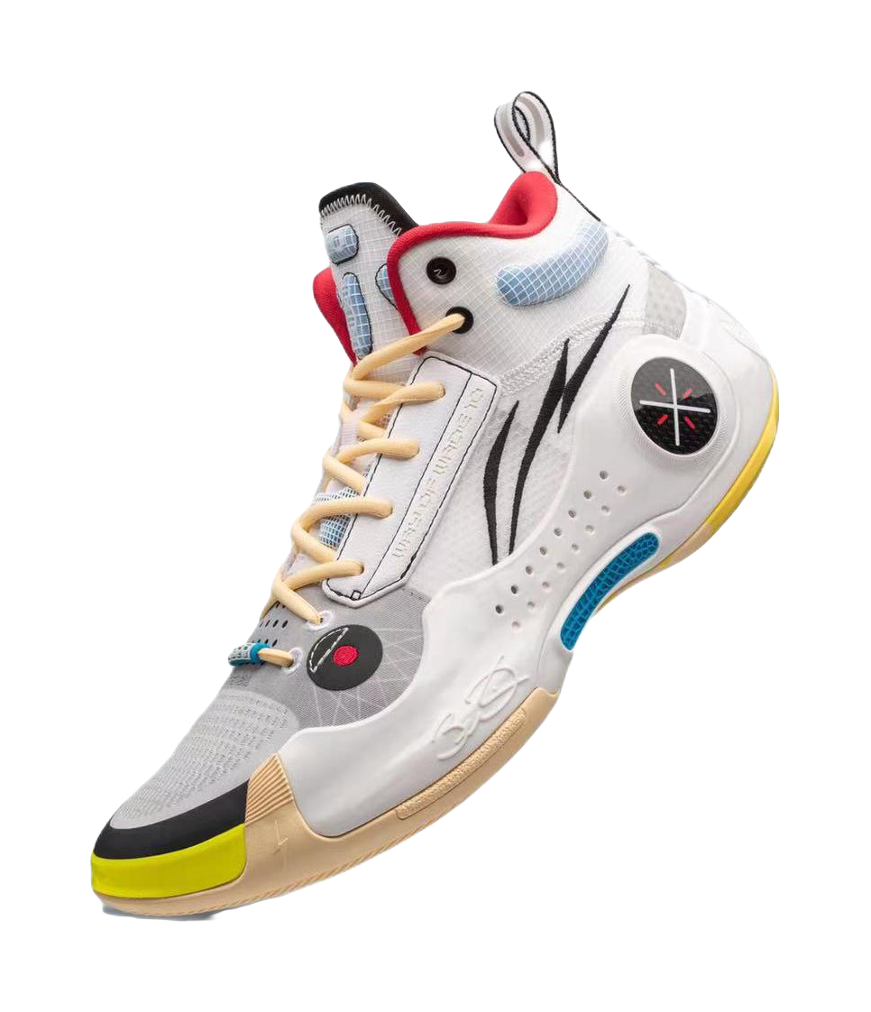 White mid-top basketball shoes with black stripes, red heel trim, blue laces, yellow outsole