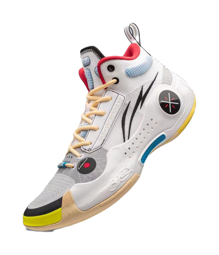 White mid-top basketball shoes with black stripes, red heel trim, blue laces, yellow outsole