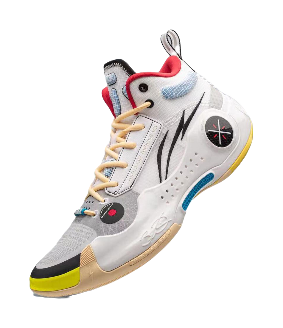 White mid-top basketball shoes with black stripes, red heel trim, blue laces, yellow outsole
