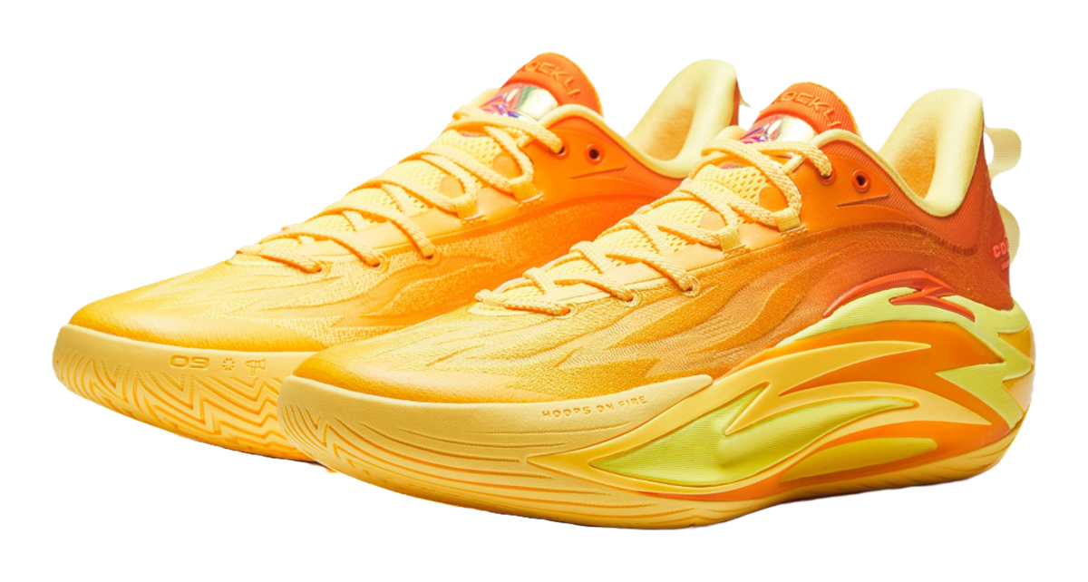 Unisex basketball shoe in yellow with orange upper and lime side highlight, lace-up design.