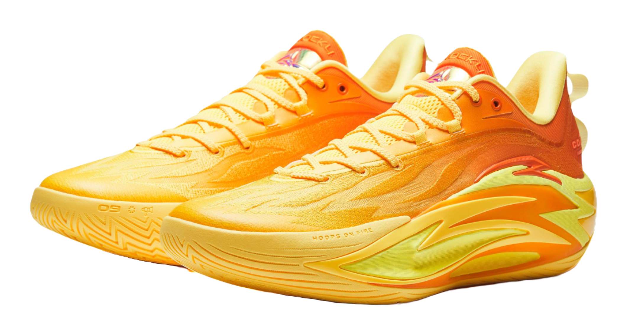 Unisex basketball shoe in yellow with orange upper and lime side highlight, lace-up design.
