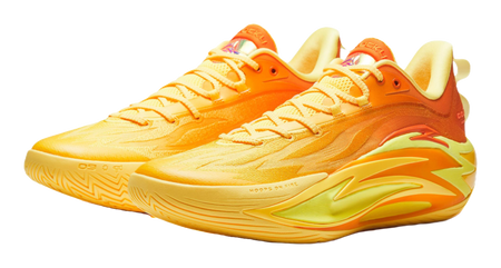 Unisex basketball shoe in yellow with orange upper and lime side highlight, lace-up design.