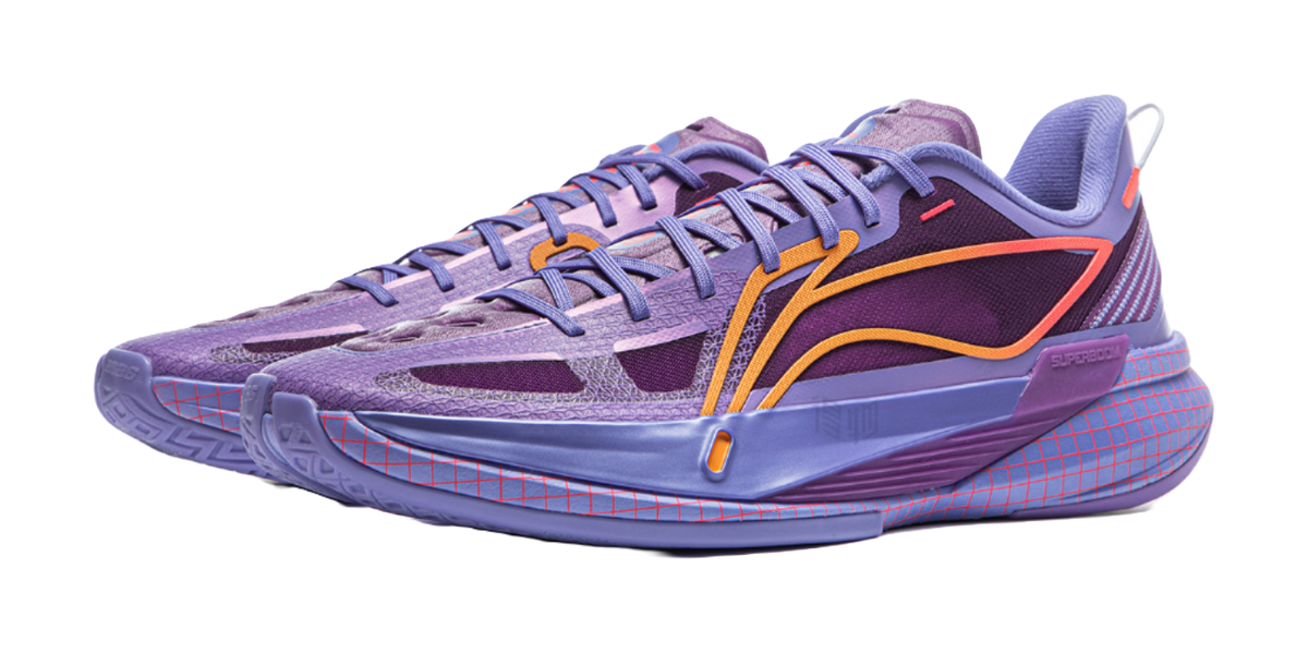 Li-Ning purple basketball shoe, side angle view with orange-yellow trim and blue outsole