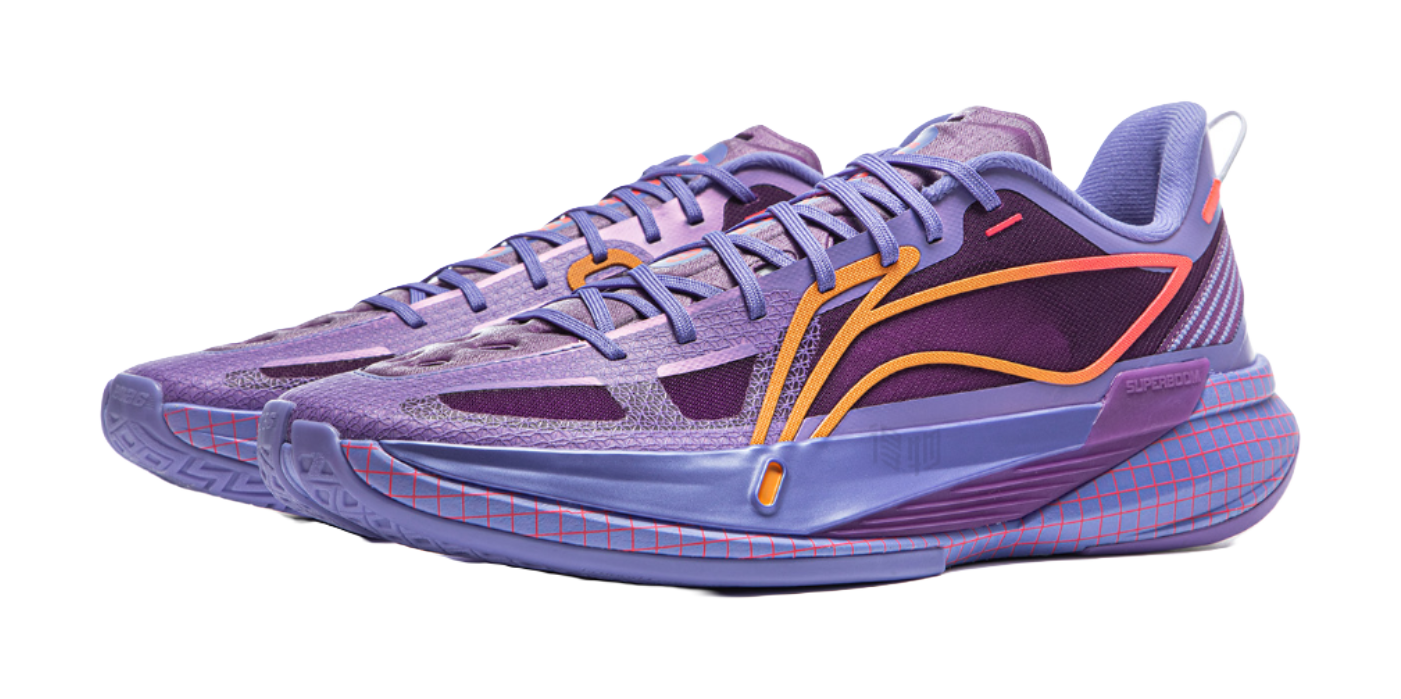 Li-Ning purple basketball shoe, side angle view with orange-yellow trim and blue outsole