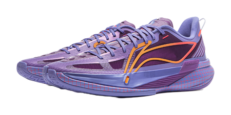 Li-Ning purple basketball shoe, side angle view with orange-yellow trim and blue outsole