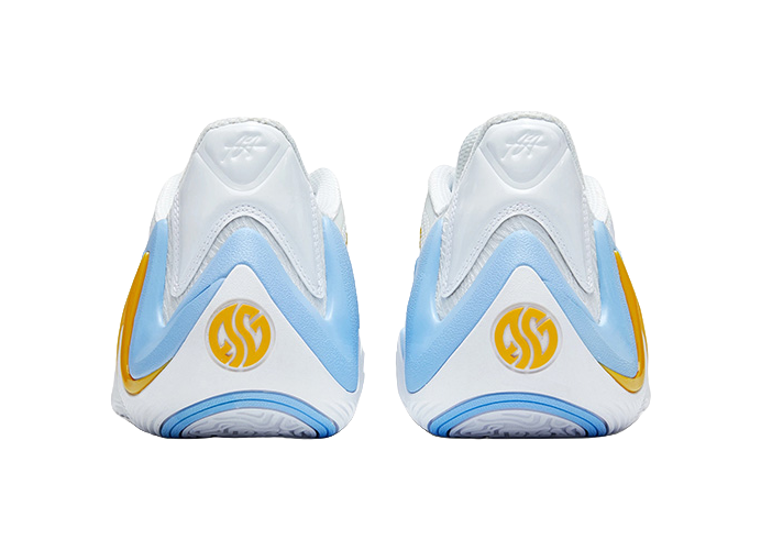 Pair of men's basketball shoes with white heel panels, blue sides, yellow logo