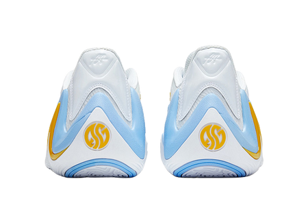 Pair of men's basketball shoes with white heel panels, blue sides, yellow logo